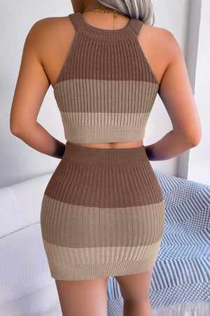 Ladies Elegant Sleeveless Crop Knit Top & Skirt Set