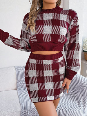 Ladies Elegant Plaid Top & Skirt Sweater Set