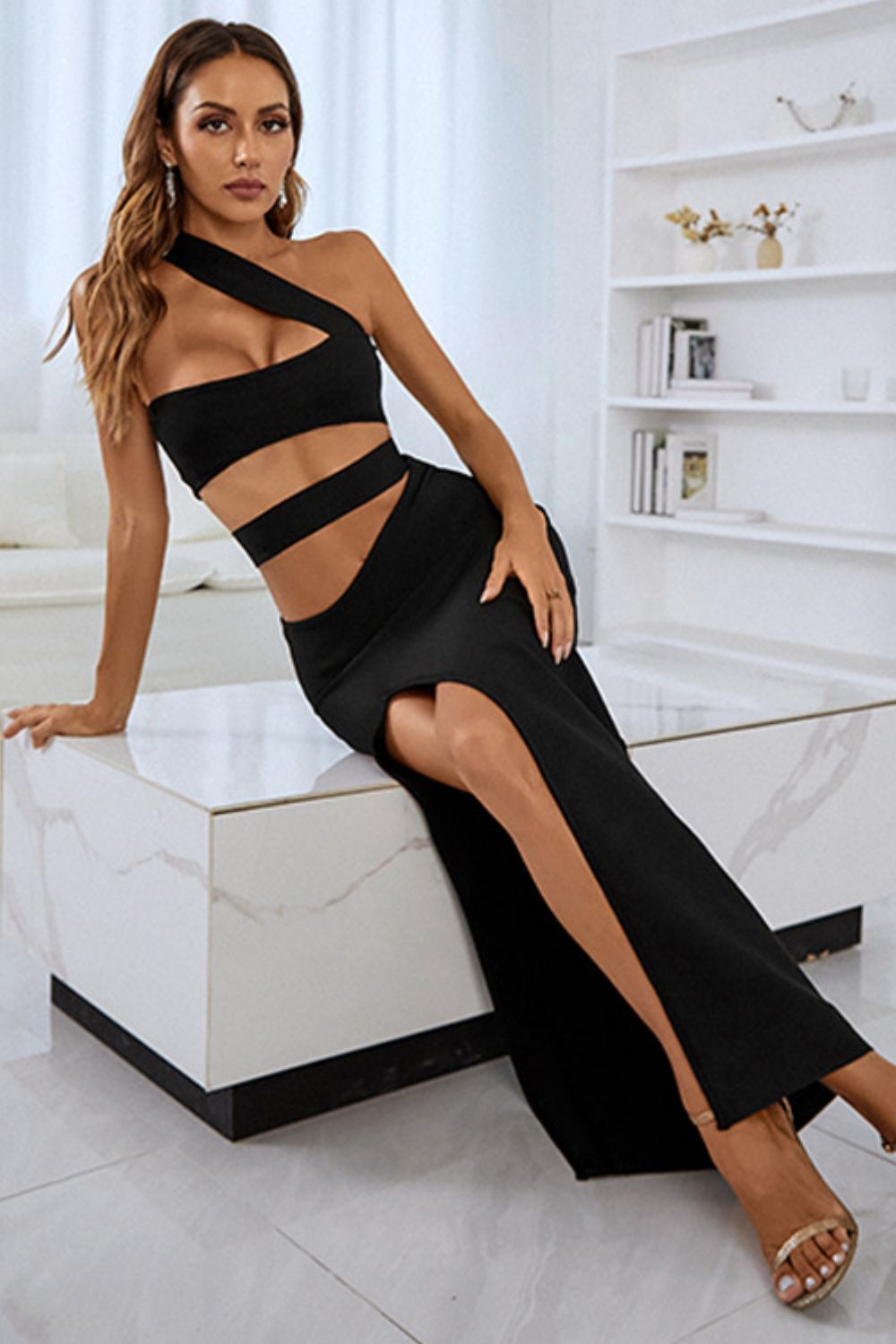 Ladies Elegant Off Shoulder Front Split Bandage Dress