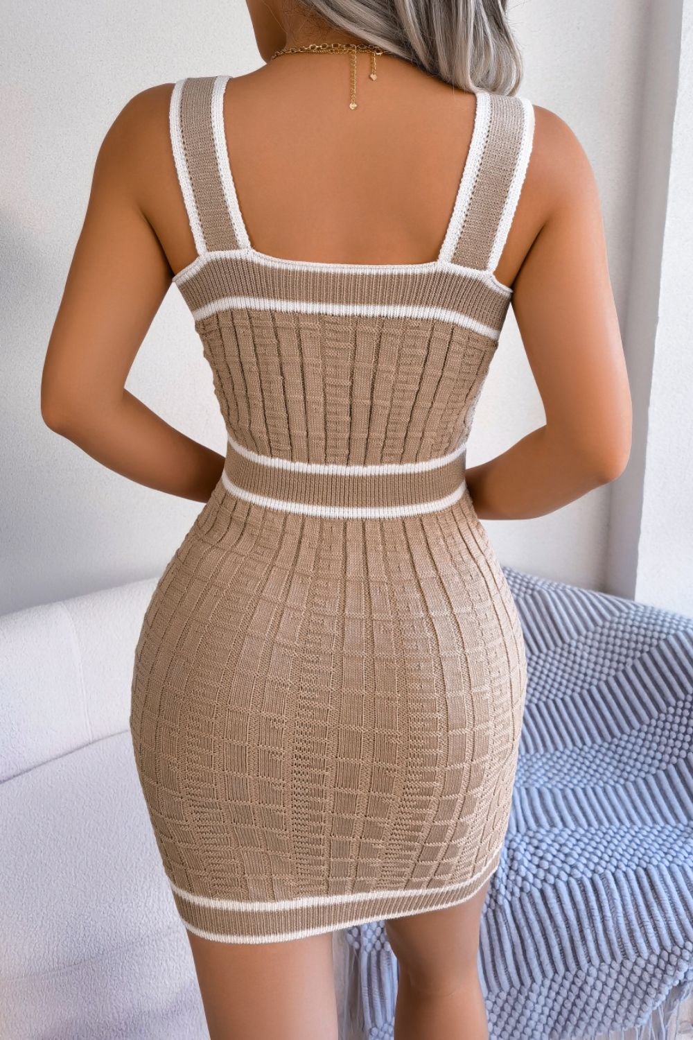 Ladies Elegant Trim Button Bandage Dress