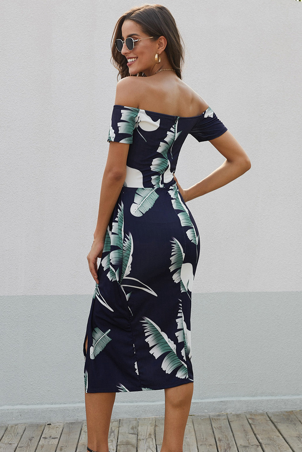 Ladies Elegant Print Off-Shoulder Midi Dress