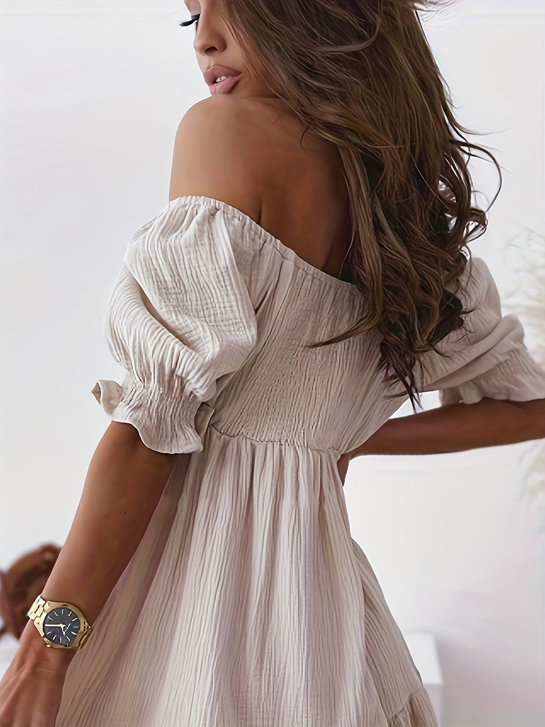 Ladies Elegant Ruffled Off Shoulder Short Sleeve Dress