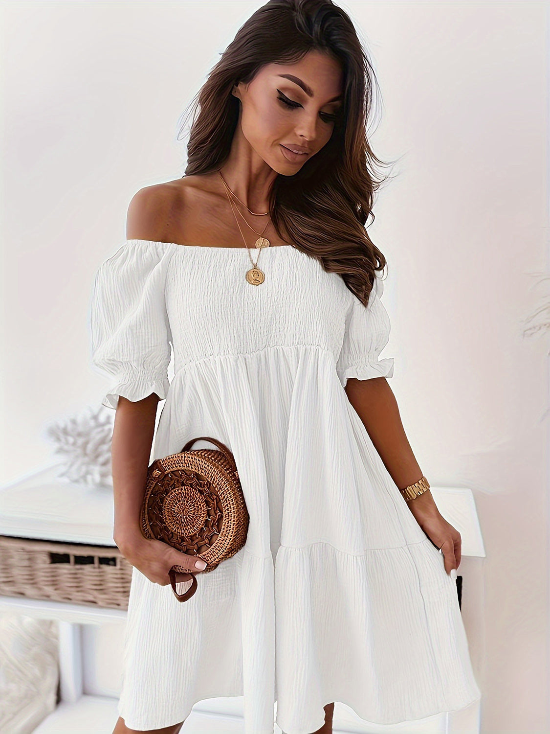 Ladies Elegant Ruffled Off Shoulder Short Sleeve Dress