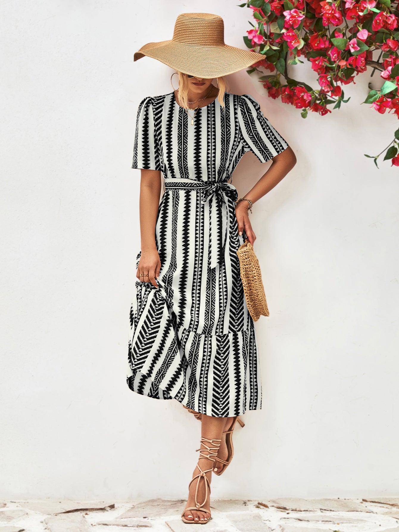 Ladies Elegant Striped Cross Tie Puff Sleeve Dress