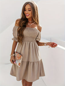 Ladies Elegant Ruffled Off Shoulder Short Sleeve Dress