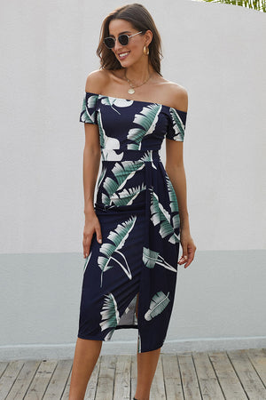 Ladies Elegant Print Off-Shoulder Midi Dress