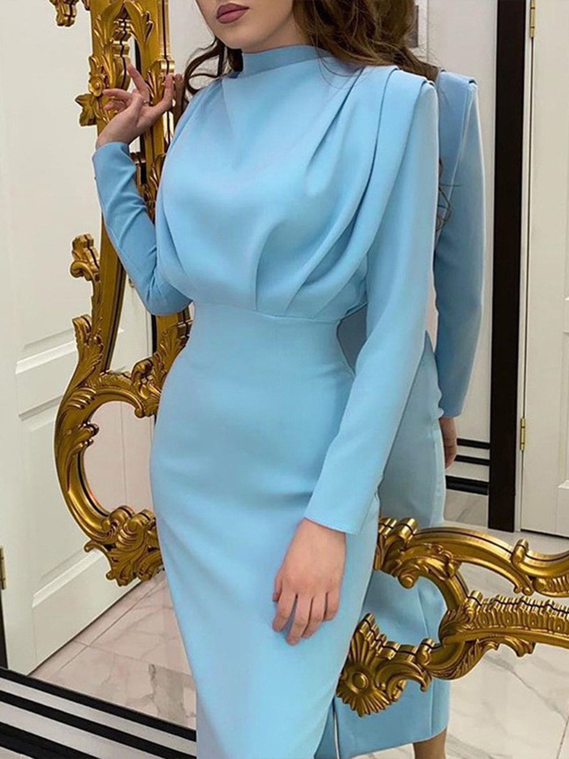 Ladies Elegant Ruched Long Sleeve Dress