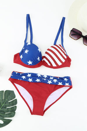 Ladies Striped Ruched Bikini Set