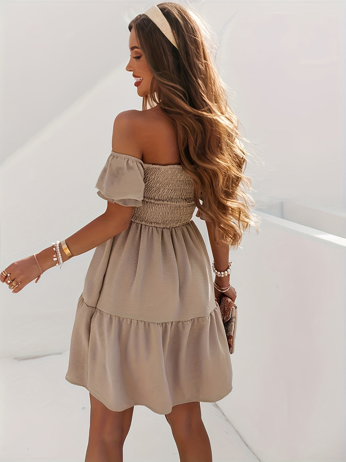 Ladies Elegant Ruffled Off Shoulder Short Sleeve Dress