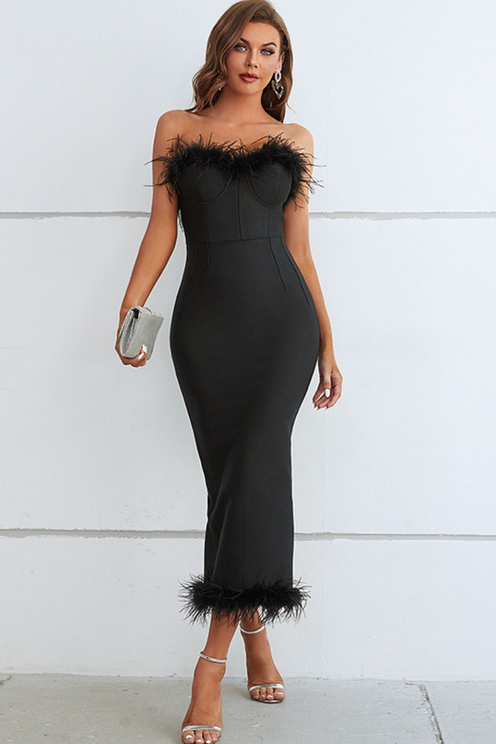 Ladies Elegant Feather Trim Strapless Bandage Dress