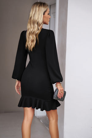 Ladies Elegant Ruched Ruffled Long Sleeve Mini Dress