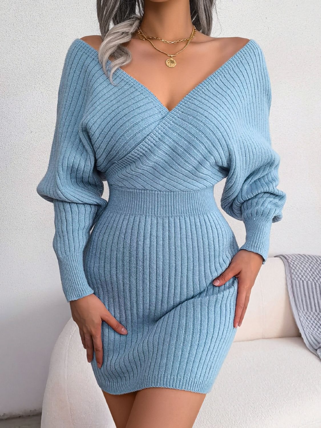 Ladies Elegant Rib-Knit Dolman Sleeve Sweater Dress