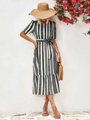 Ladies Elegant Striped Cross Tie Puff Sleeve Dress