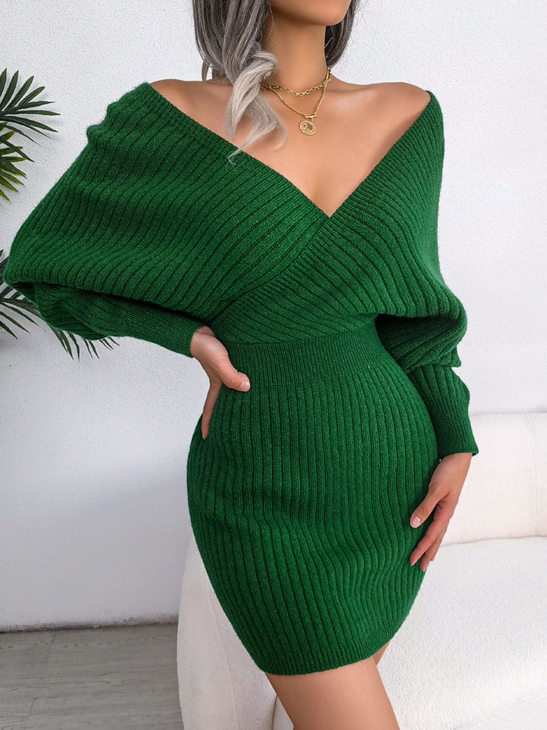 Ladies Elegant Rib-Knit Dolman Sleeve Sweater Dress