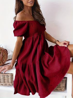 Ladies Elegant Ruffled Off Shoulder Short Sleeve Dress