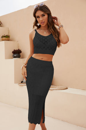 Ladies Elegant Openwork Cropped Split Skirt Set