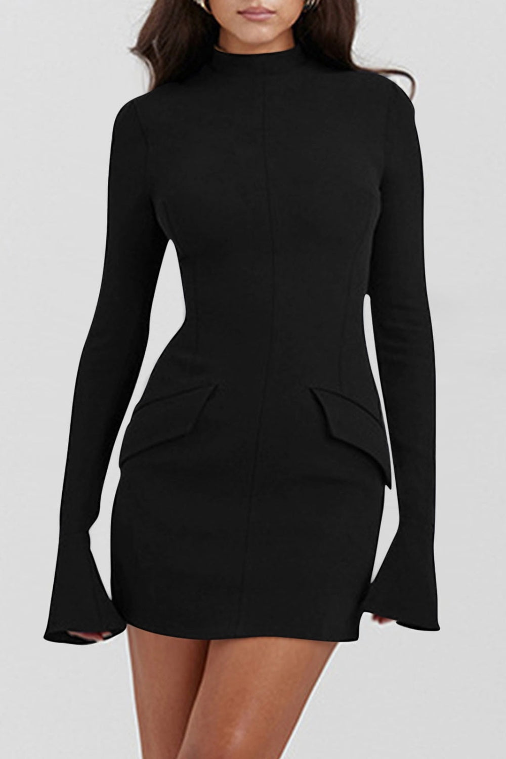 Ladies Elegant Mock Neck Long Sleeve Mini Dress