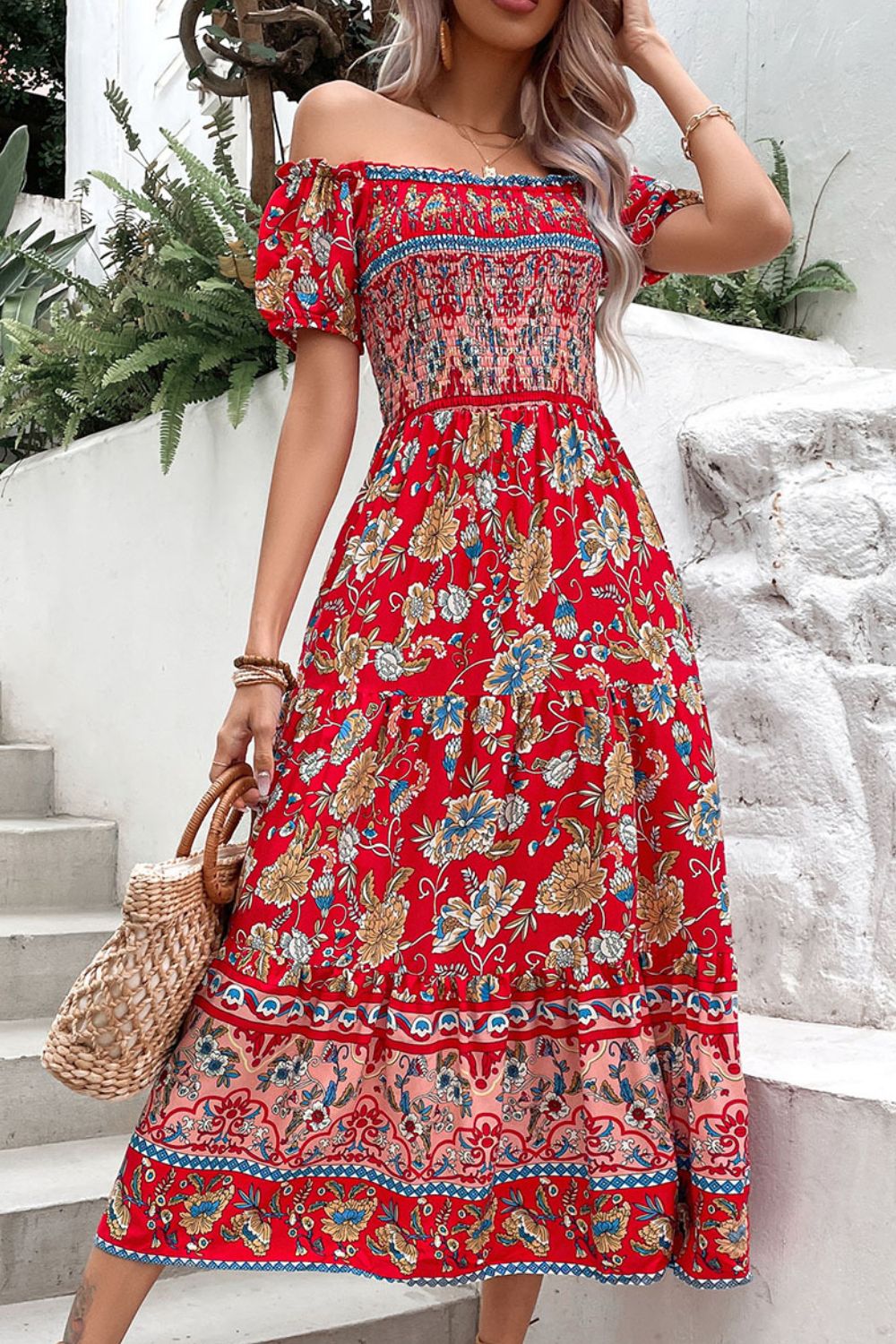 Ladies Floral Off Shoulder Midi Day Dress