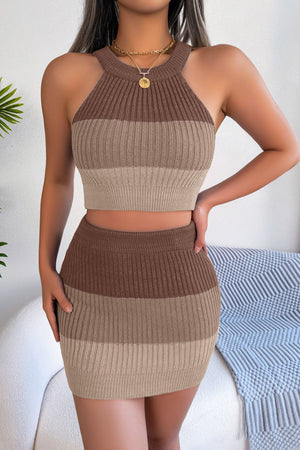 Ladies Elegant Sleeveless Crop Knit Top & Skirt Set