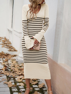 Ladies Striped Long Sleeve Sweater Dress