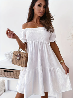 Ladies Elegant Ruffled Off Shoulder Short Sleeve Dress