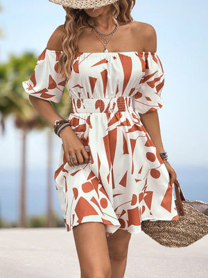 Ladies Elegant Print Off-Shoulder Day Dress