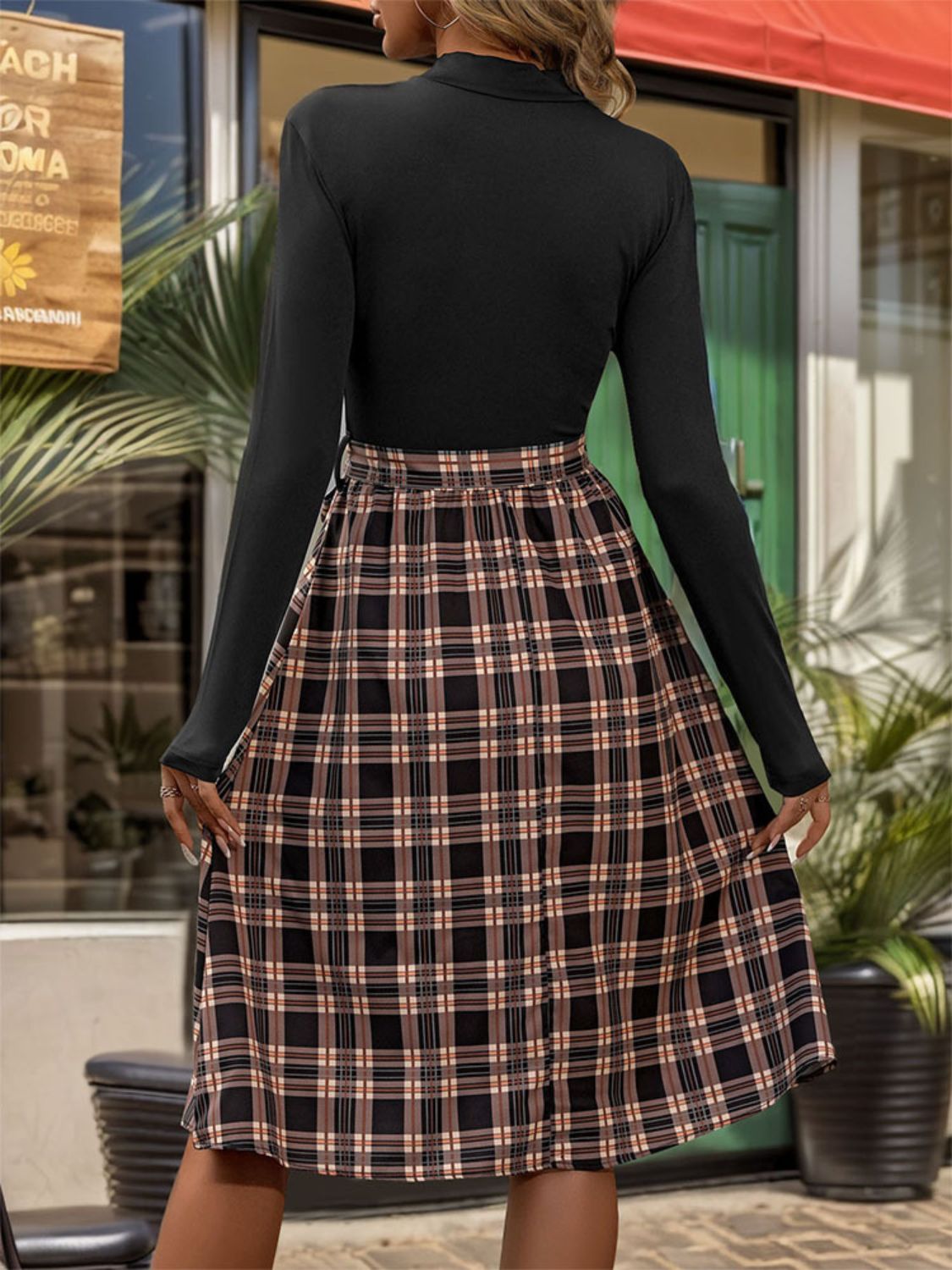 Ladies Plaid Mock Neck Long Sleeve Dress