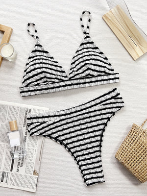 Ladies Striped V-Neck Two-Piece Swim Set