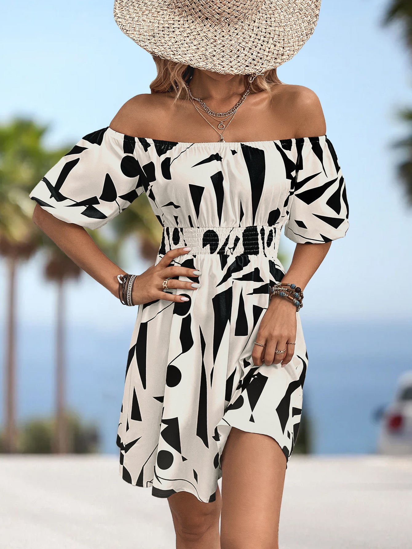 Ladies Elegant Print Off-Shoulder Day Dress