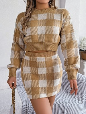 Ladies Elegant Plaid Top & Skirt Sweater Set