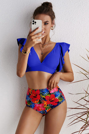 Ladies Elegant Floral Ruffle High Waist Bikini Set