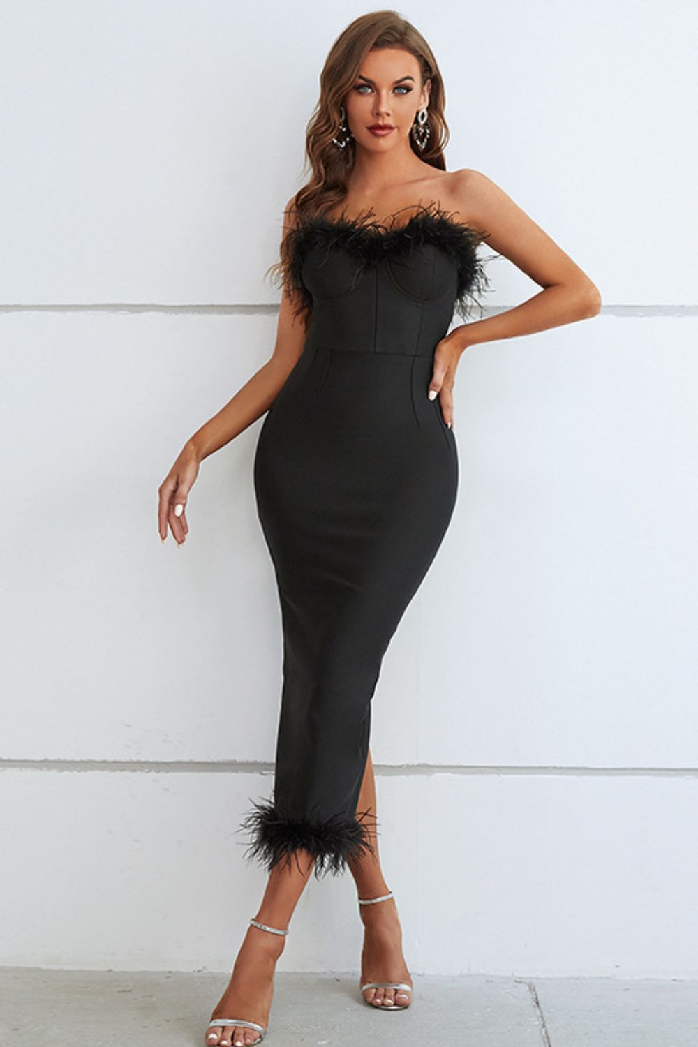 Ladies Elegant Feather Trim Strapless Bandage Dress