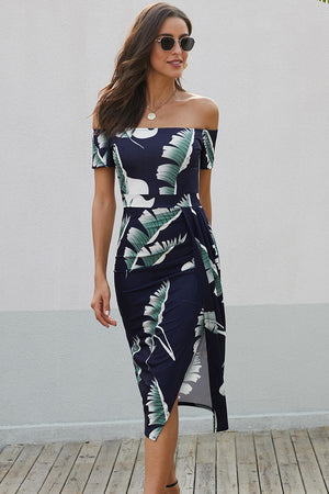 Ladies Elegant Print Off-Shoulder Midi Dress