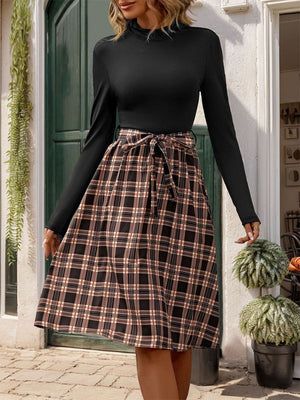 Ladies Plaid Mock Neck Long Sleeve Dress