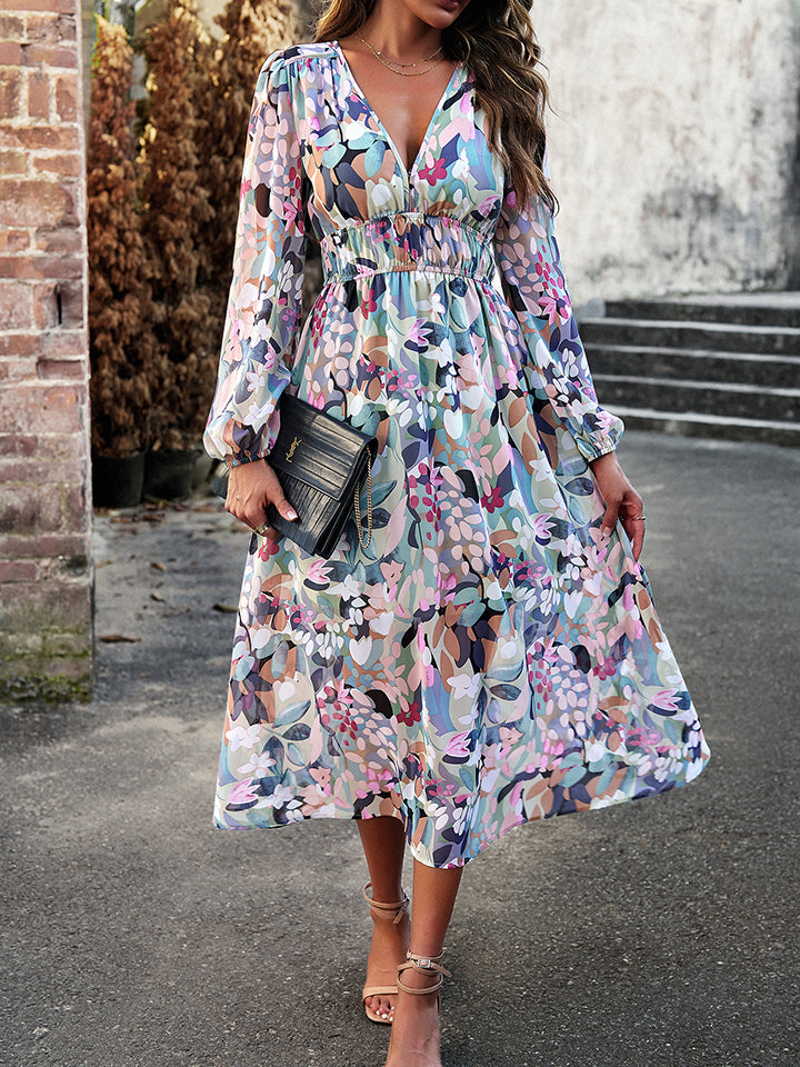 Ladies Floral Long Sleeve Midi Dress