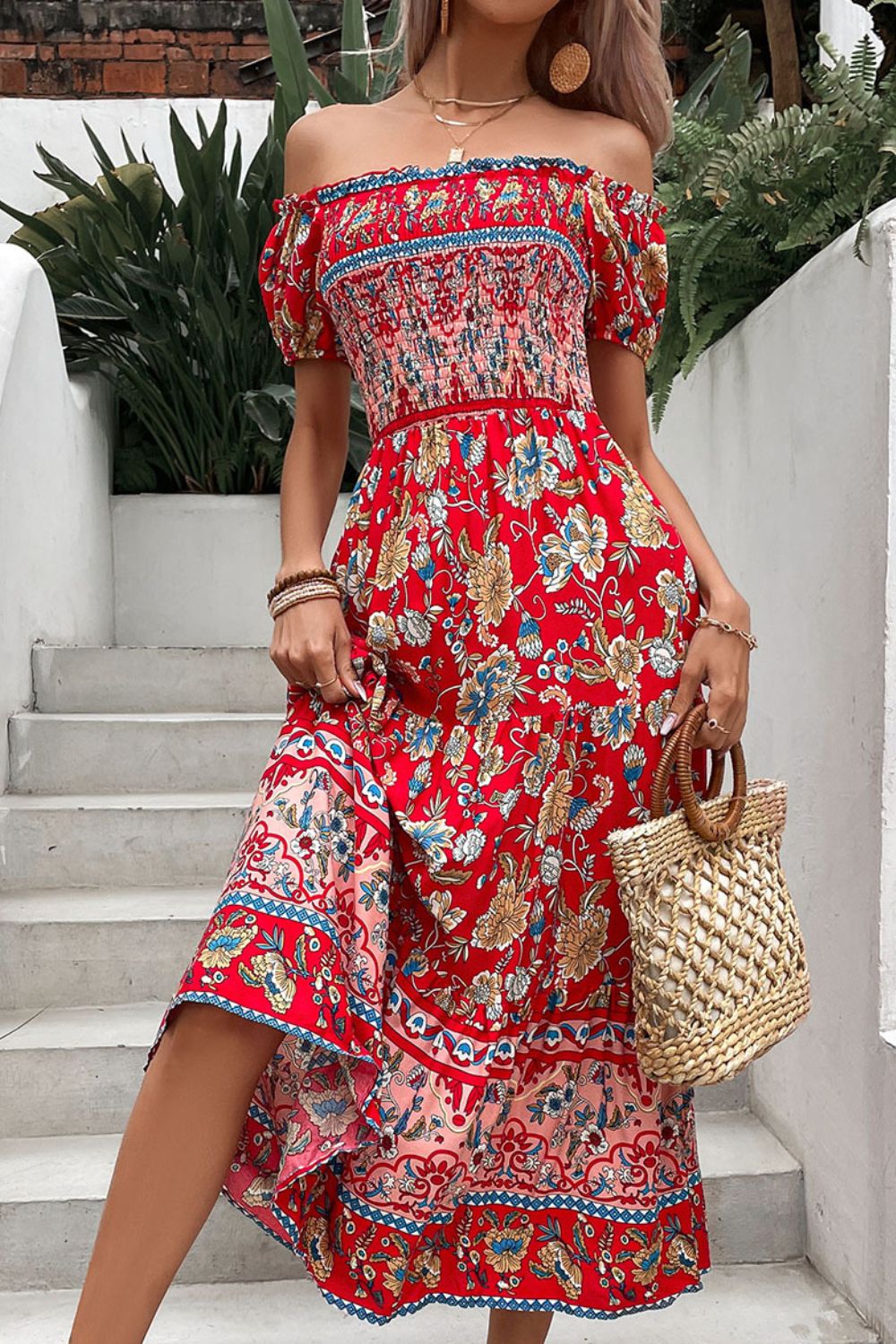 Ladies Floral Off Shoulder Midi Day Dress