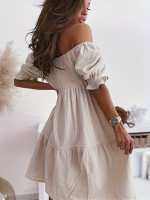 Ladies Elegant Ruffled Off Shoulder Short Sleeve Dress