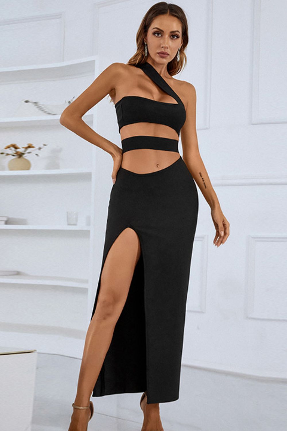 Ladies Elegant Off Shoulder Front Split Bandage Dress