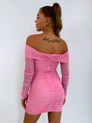 Ladies Glitter Ruched Off-Shoulder Long Sleeve Bandage Dress