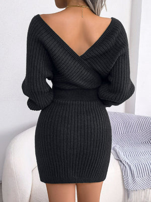 Ladies Elegant Rib-Knit Dolman Sleeve Sweater Dress