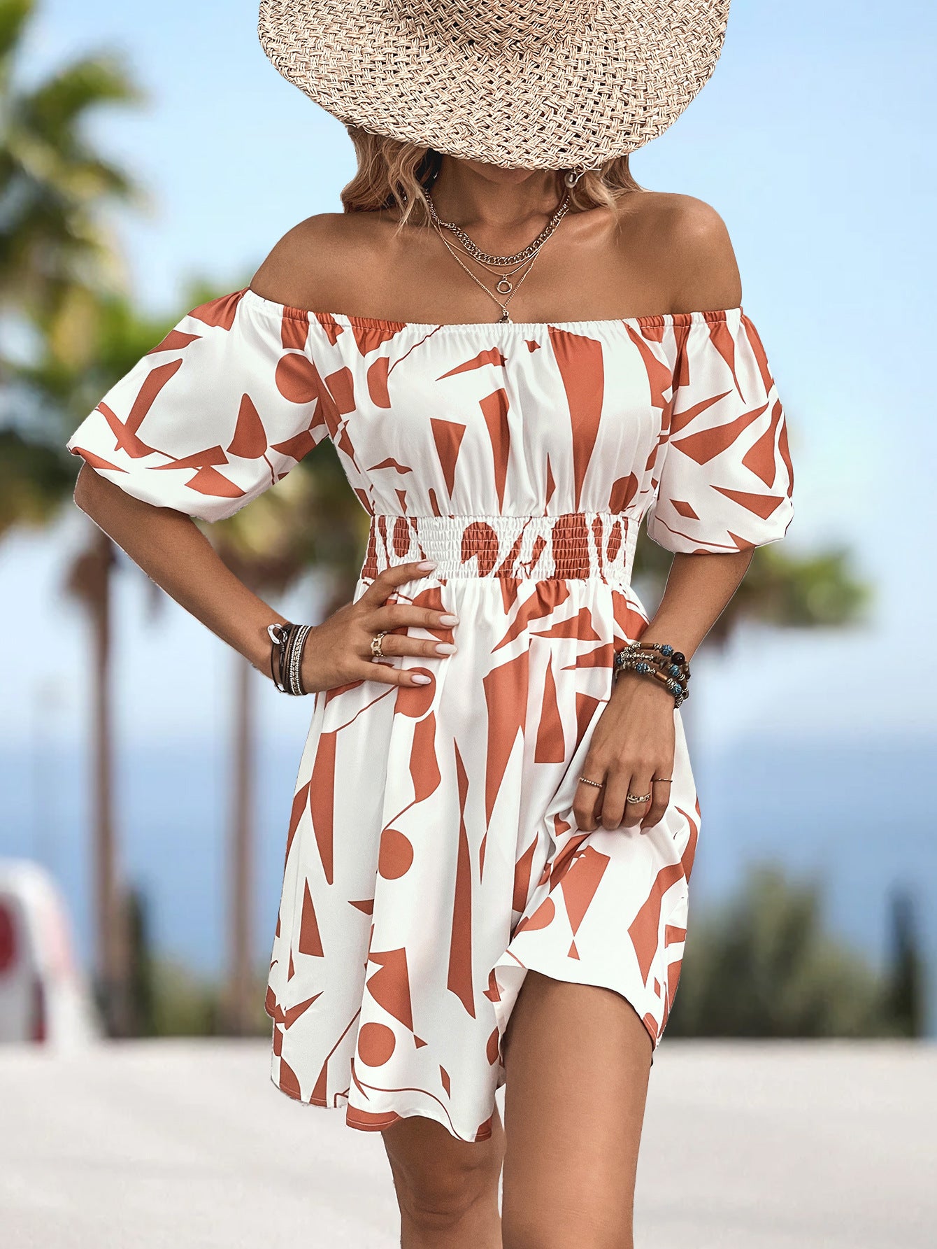 Ladies Elegant Print Off-Shoulder Day Dress