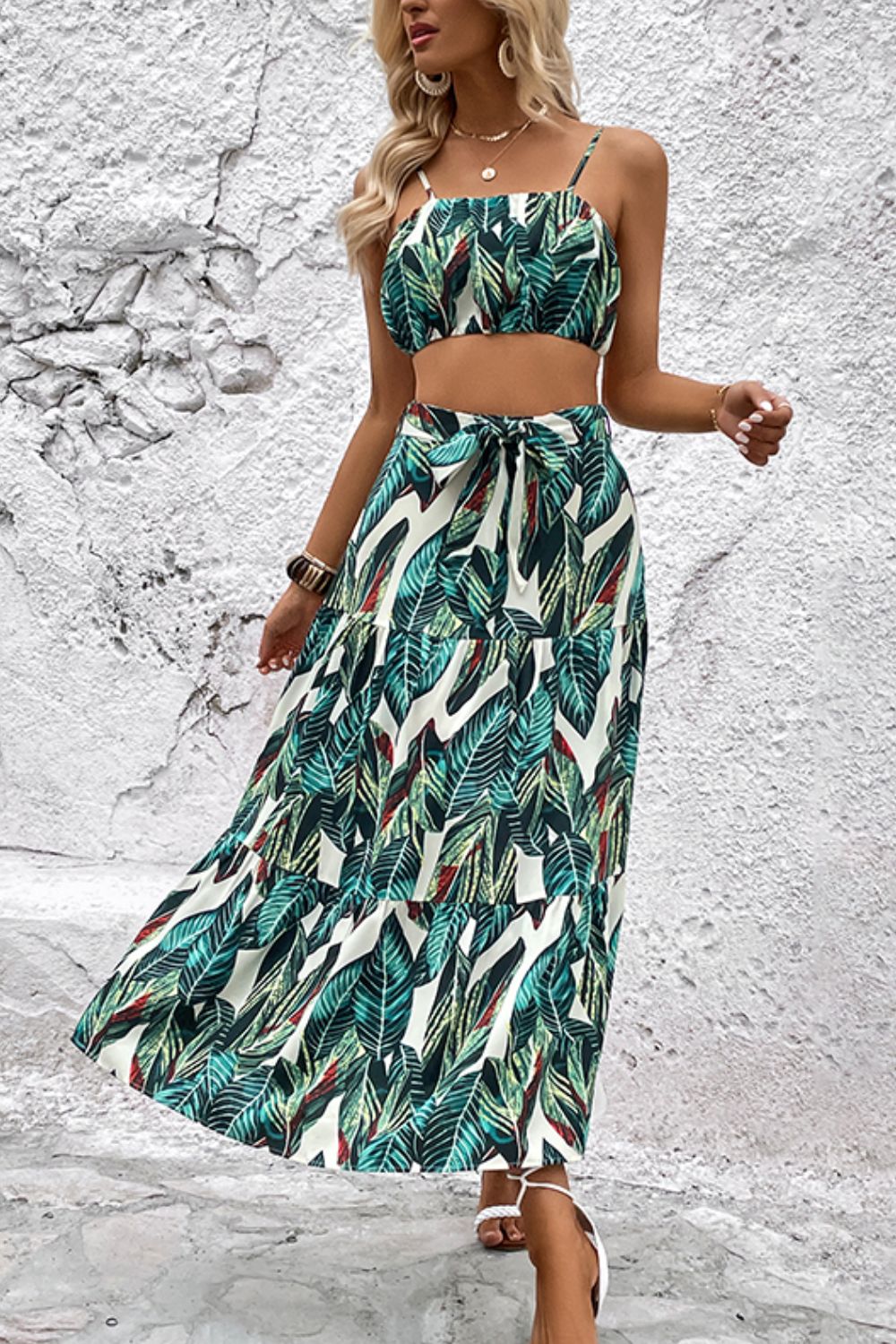 Ladies Botanical Print Cami and Tiered Skirt Set