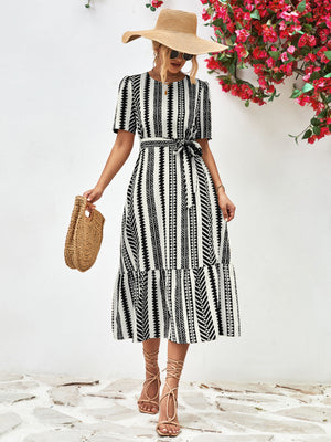 Ladies Elegant Striped Cross Tie Puff Sleeve Dress