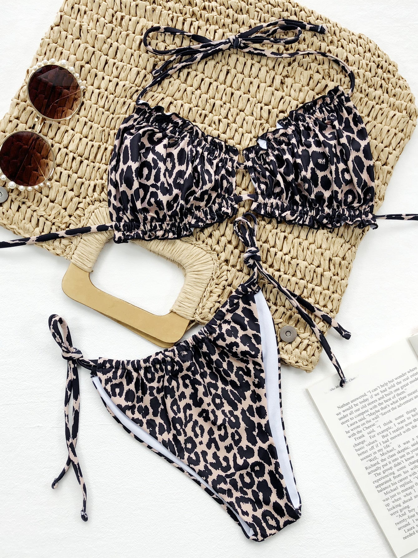 Ladies Leopard Frill Halter Bikini Set