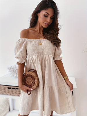 Ladies Elegant Ruffled Off Shoulder Short Sleeve Dress