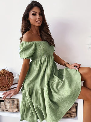 Ladies Elegant Ruffled Off Shoulder Short Sleeve Dress