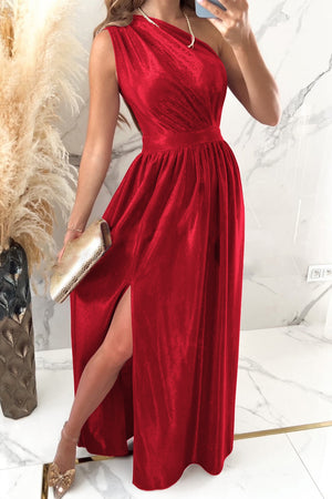 Ladies Elegant Off Shoulder Slit Ruched Maxi Dress