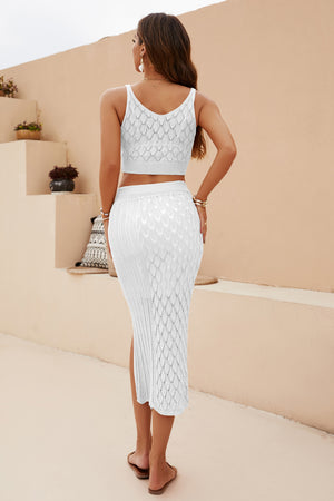 Ladies Elegant Openwork Cropped Split Skirt Set