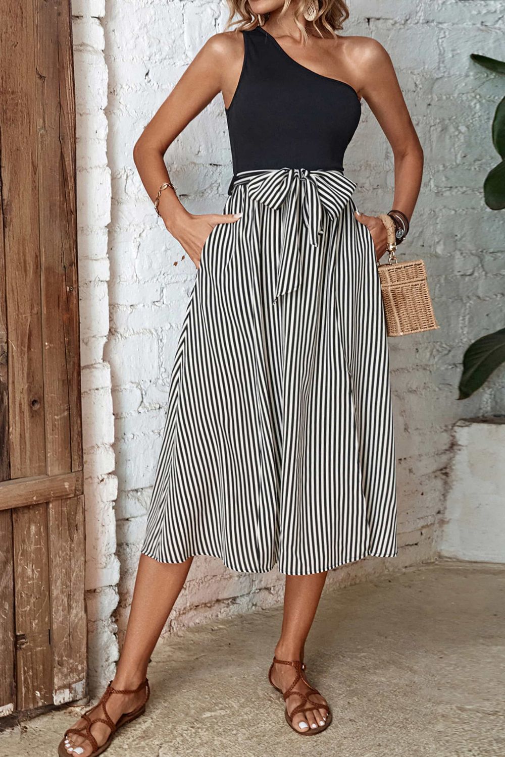 Ladies Elegant Striped Off Shoulder Dress