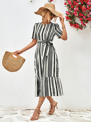 Ladies Elegant Striped Cross Tie Puff Sleeve Dress